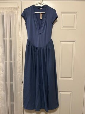 Blue Button-Neck Maxi Dress